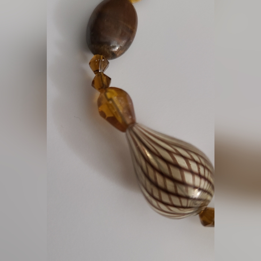 Vintage 80's Murano Glass Stripe & Tigers Eye Gemstones Czech Amber Necklace Vtg - Picture 8 of 16